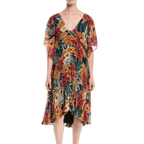 Club Monaco Women Zorbina Pleated Floral Midi Dress Multicolor Size XS - Picture 1 of 12